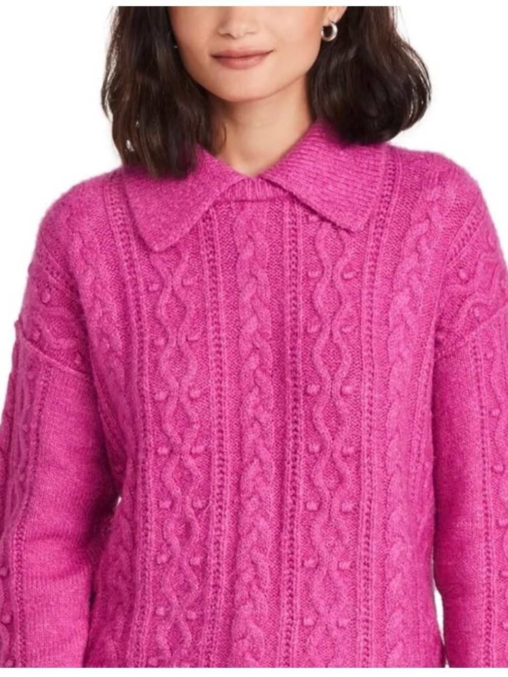 FREE PEOPLE Sz S Every Cloud Sweater Fuchsia Fizz Cable Collared Cotton Blend - Picture 2 of 11